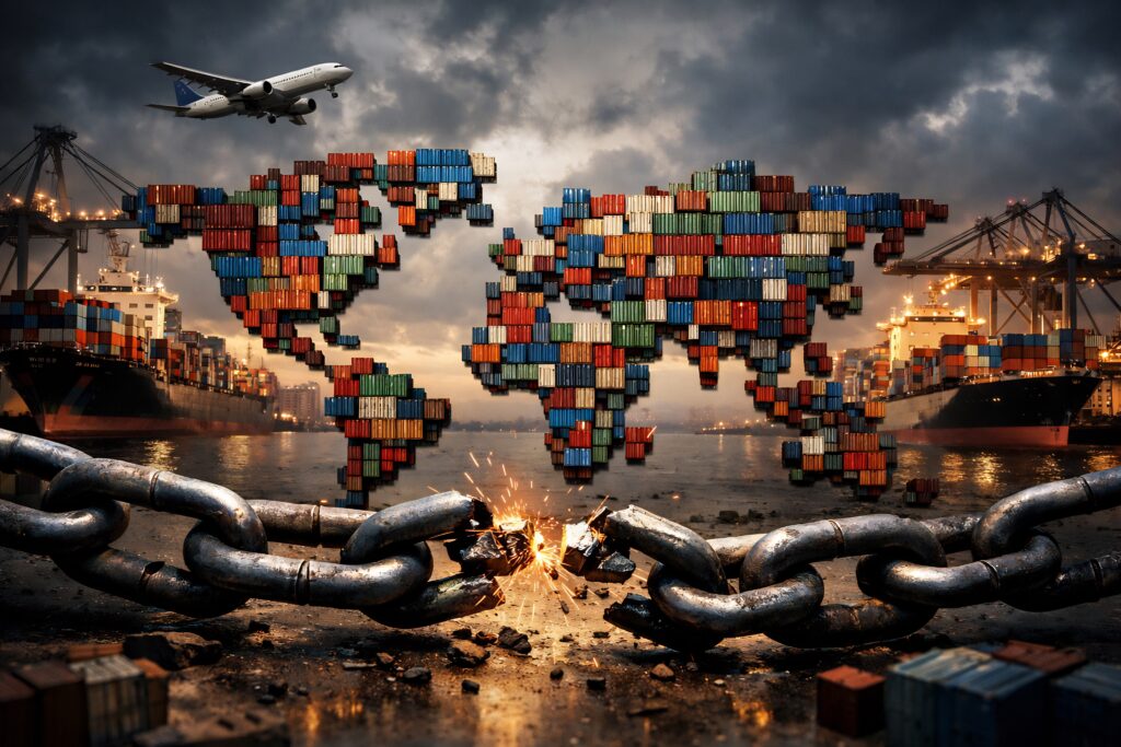 グローバルサプライチェーンの分断を示す、鎖が切れた世界地図とコンテナ物流のイメージ。貿易データ分析。